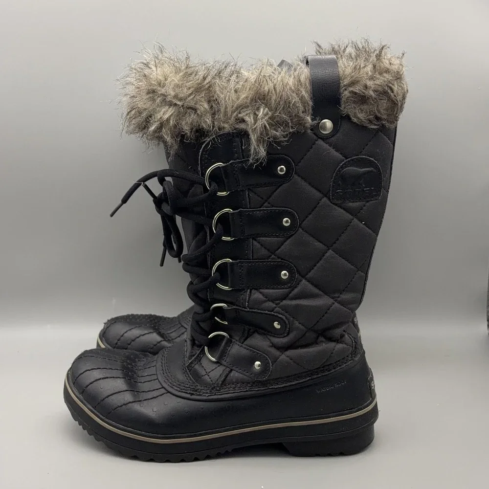 Sorel Boots Womens Size 7 Black Tofino Faux Fur Lace Up Winter Waterproof Snow